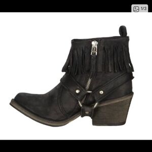 ALL SAINTS Bonny Cuban Fringe Harness Black Ankle Boots Sz 41